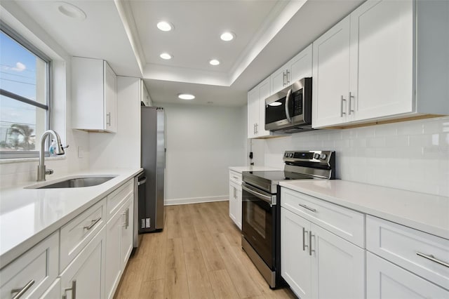 kitchen featuring light wood-type flooring, backsplash, stainless steel appliances, sink, and white cabinets