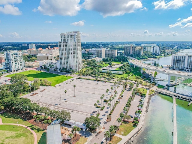 drone / aerial view featuring a water view