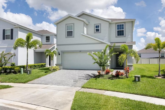 front facade with a garage and a front lawn