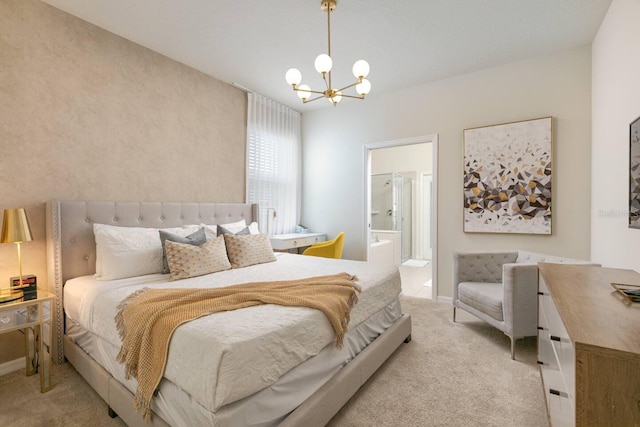 carpeted bedroom with connected bathroom and a chandelier