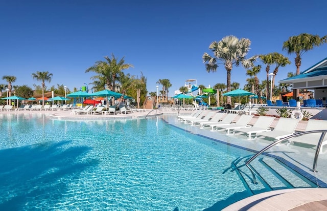 view of swimming pool with a patio