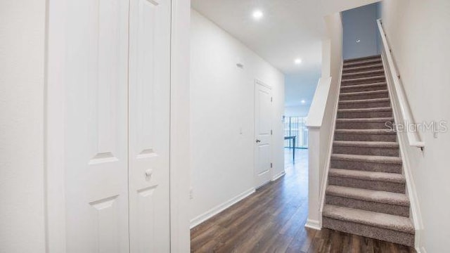 stairway with hardwood / wood-style flooring