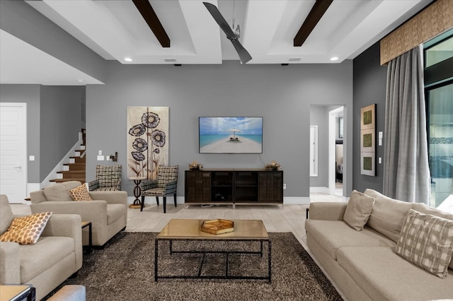 tiled living room with a towering ceiling