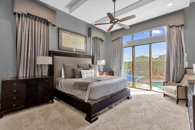 bedroom featuring ceiling fan, access to exterior, and light colored carpet