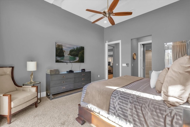 bedroom featuring ceiling fan and light colored carpet