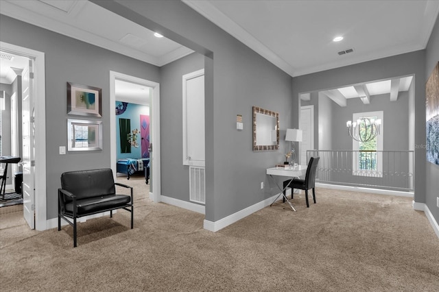 interior space featuring light carpet, crown molding, beamed ceiling, and a chandelier