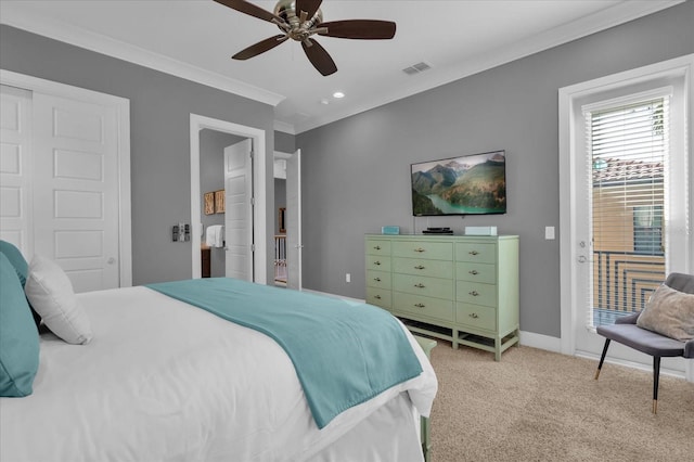 bedroom with light carpet, access to exterior, ceiling fan, and ornamental molding