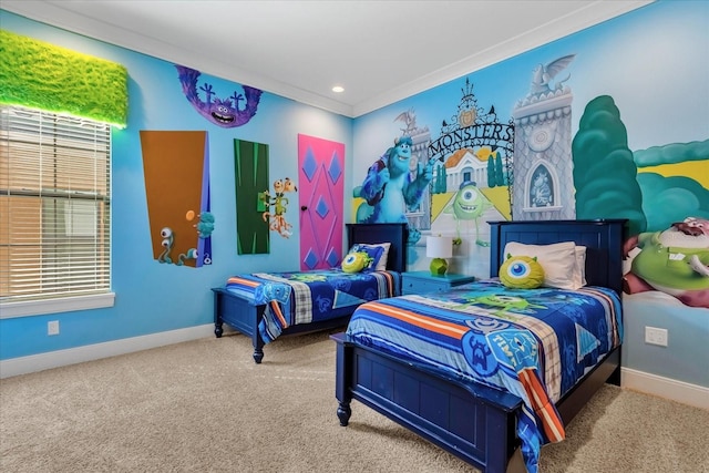 bedroom featuring carpet flooring and ornamental molding