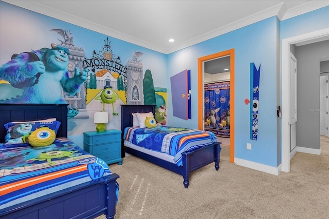 carpeted bedroom featuring crown molding