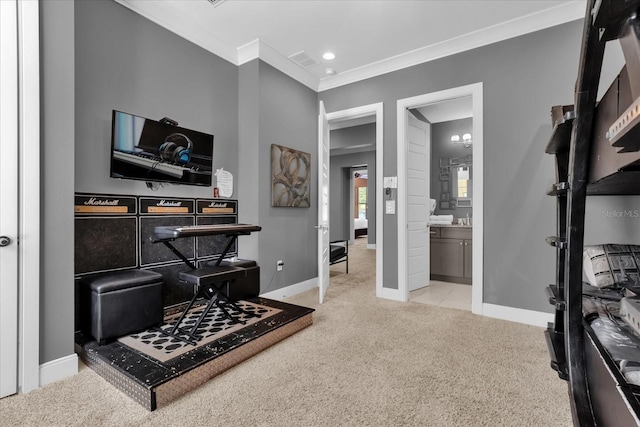 office with ornamental molding and light carpet