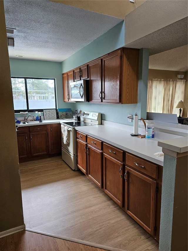 kitchen with sink, electric stove, a textured ceiling, and light hardwood / wood-style flooring