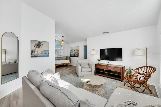 living room with light hardwood / wood-style floors and vaulted ceiling