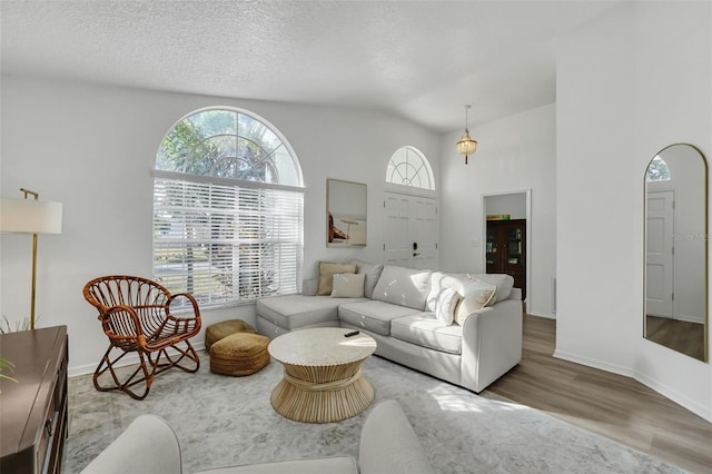 living room with a textured ceiling, light hardwood / wood-style flooring, and vaulted ceiling