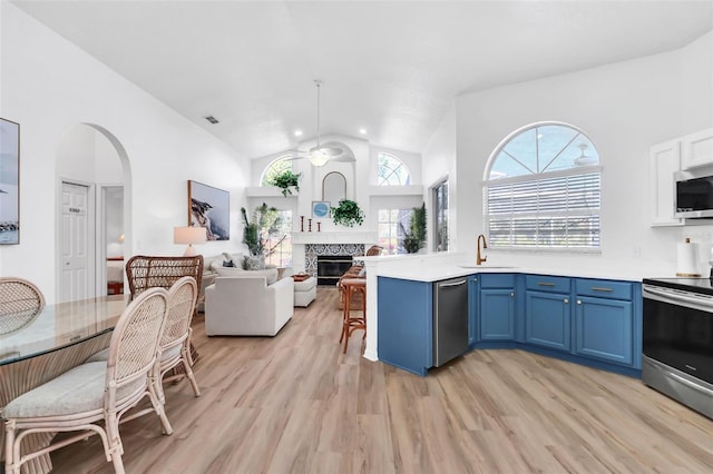 kitchen featuring stainless steel appliances, blue cabinets, ceiling fan, sink, and light hardwood / wood-style flooring