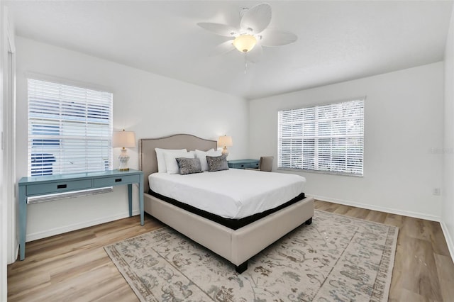 bedroom with ceiling fan and light wood-type flooring