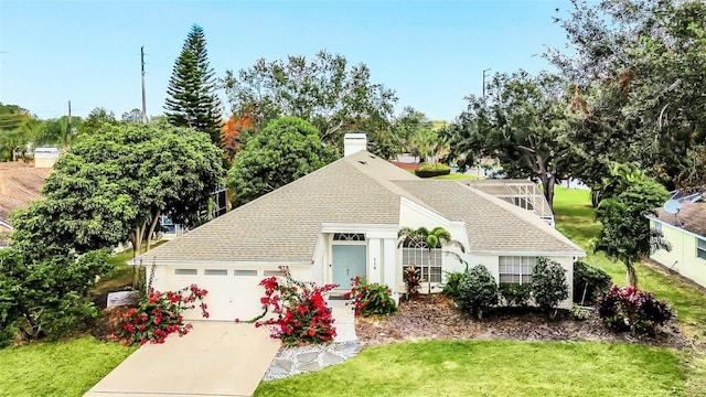 view of front of home with a garage and a front lawn