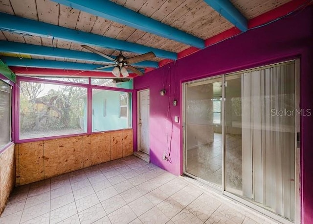 unfurnished sunroom featuring beam ceiling, a wealth of natural light, wooden ceiling, and ceiling fan