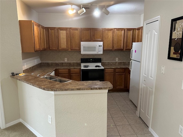 kitchen featuring decorative backsplash, sink, white appliances, and kitchen peninsula