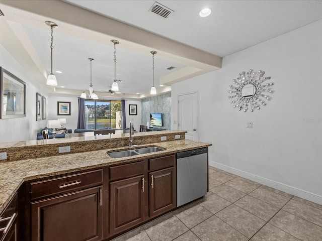 kitchen featuring dishwasher, dark brown cabinets, ceiling fan, and sink