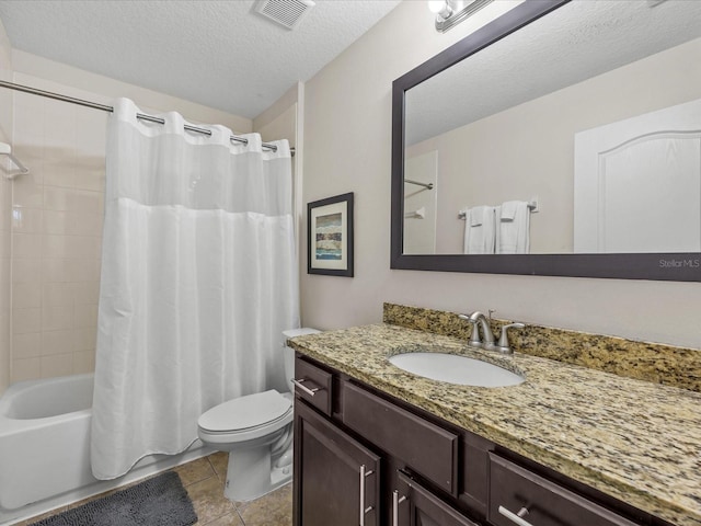 full bathroom featuring shower / bathtub combination with curtain, tile patterned flooring, a textured ceiling, toilet, and vanity