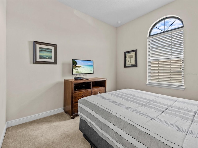 bedroom featuring light colored carpet