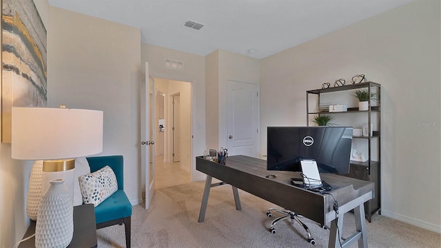 home office featuring light carpet