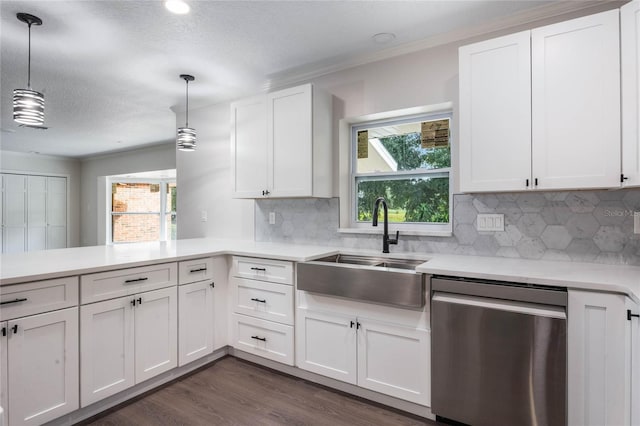 kitchen featuring decorative backsplash, dishwasher, white cabinets, and decorative light fixtures