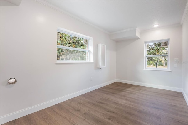 empty room featuring wood-type flooring, a wealth of natural light, and crown molding