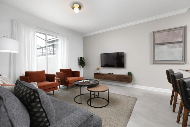 tiled living room with crown molding