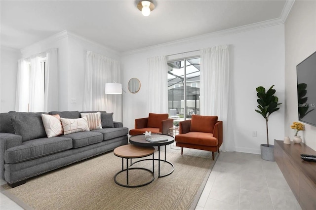 living room featuring crown molding and light tile patterned flooring