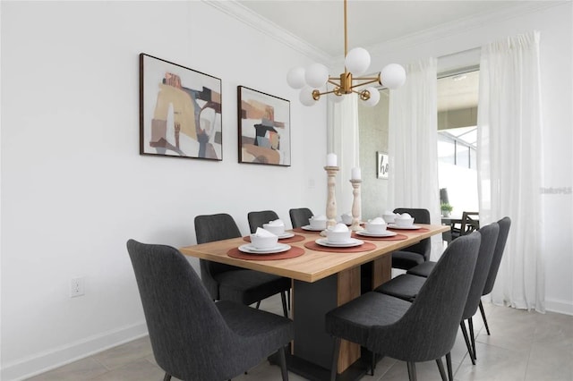 dining space featuring light tile patterned flooring, crown molding, and a chandelier