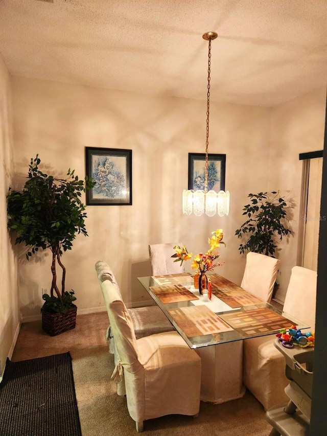 carpeted dining area with a textured ceiling