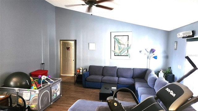 living room with lofted ceiling, dark wood-type flooring, and ceiling fan