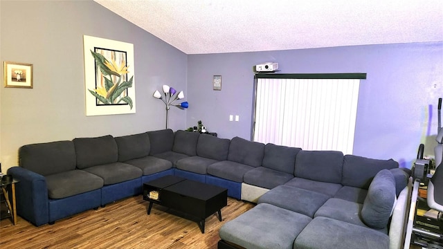 living room featuring a textured ceiling, lofted ceiling, and wood-type flooring