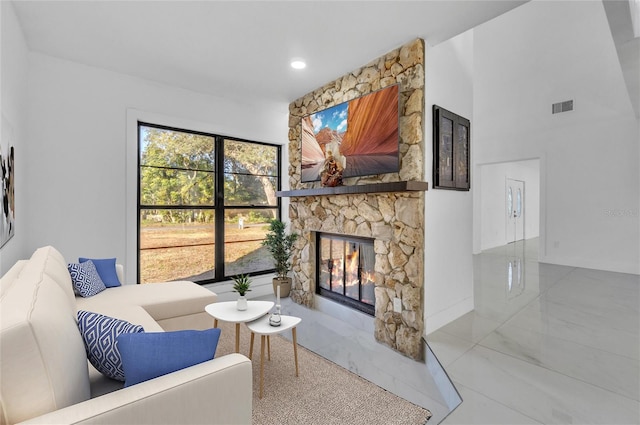 living room with a fireplace