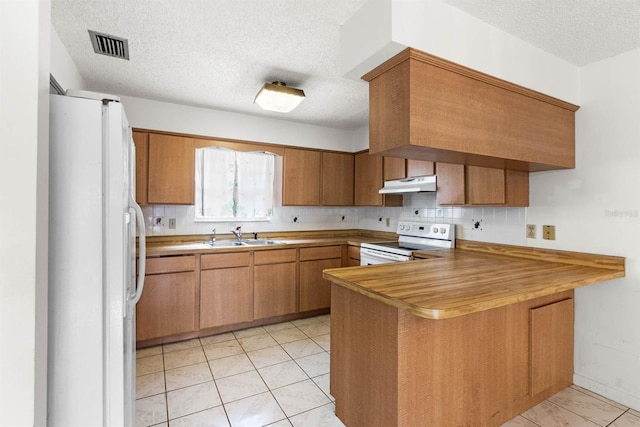 kitchen featuring kitchen peninsula, a textured ceiling, sink, electric stove, and white refrigerator