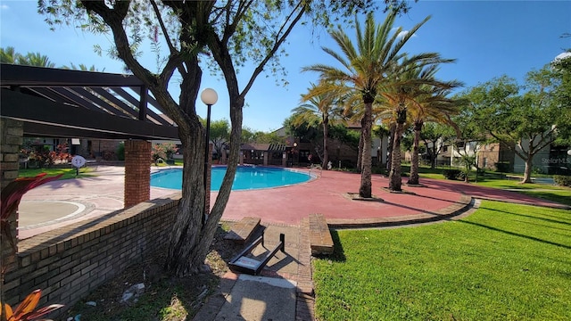 view of swimming pool featuring a patio area and a lawn