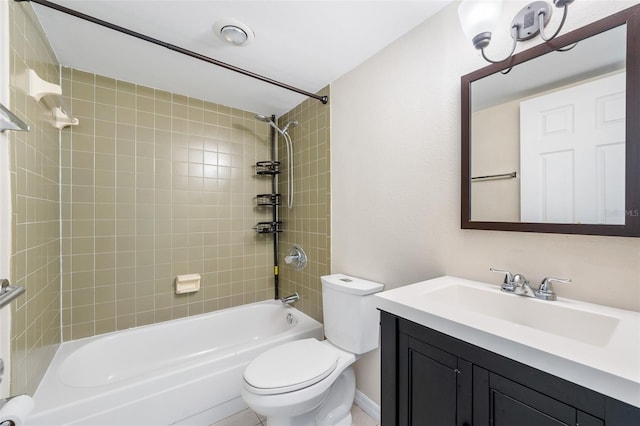 full bathroom featuring vanity, tiled shower / bath combo, and toilet