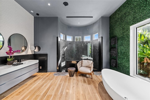 bathroom featuring wood-type flooring, vanity, separate shower and tub, and plenty of natural light