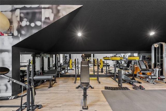 workout area with wood-type flooring