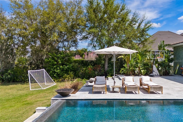 view of swimming pool with a yard and a patio