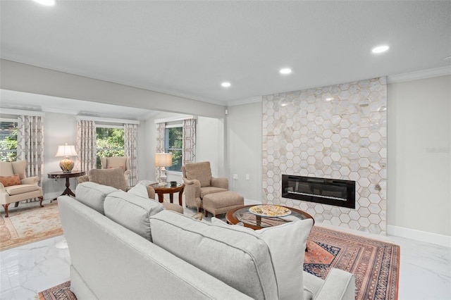 living room with a fireplace and ornamental molding