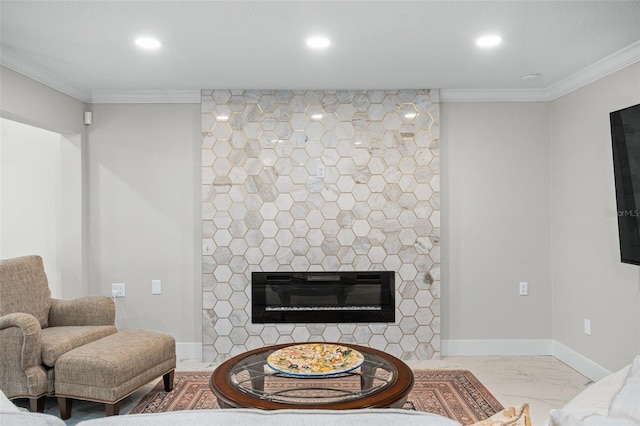 living room with a fireplace and ornamental molding