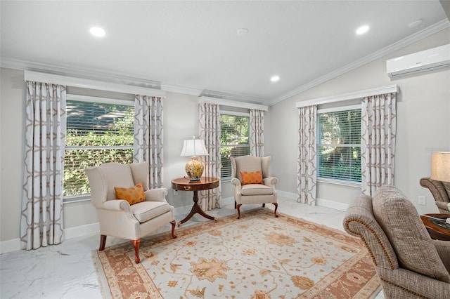 living area featuring vaulted ceiling, an AC wall unit, and crown molding