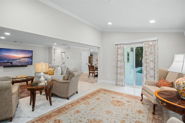 living room featuring ornamental molding and vaulted ceiling