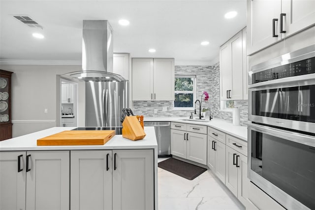 kitchen featuring island exhaust hood, appliances with stainless steel finishes, decorative backsplash, sink, and a center island