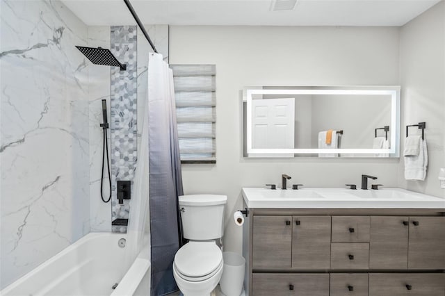 full bathroom with shower / bath combo, vanity, and toilet