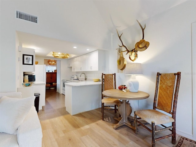 kitchen featuring white cabinets, sink, electric range, light wood-type flooring, and kitchen peninsula