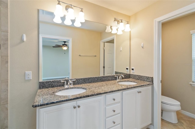 bathroom featuring tile patterned flooring, vanity, toilet, and ceiling fan