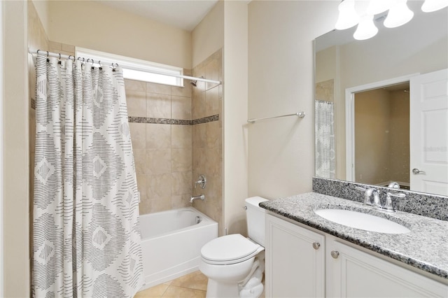 full bathroom featuring toilet, vanity, tile patterned floors, and shower / bathtub combination with curtain